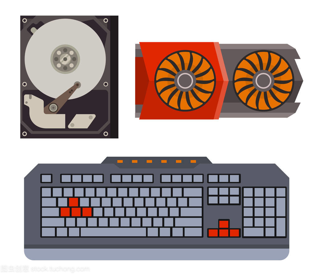 电脑配件网络组件配件,各种电子设备和桌面 pc 处理器驱动器硬件内存卡矢量图